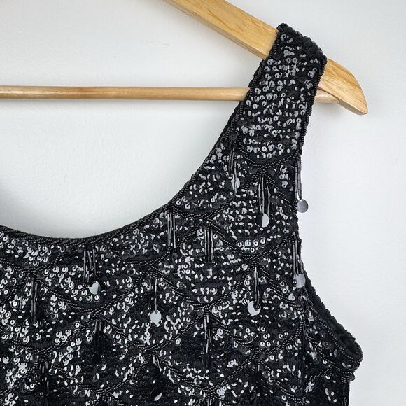 Vintage Heavy Beaded Fringe Tank Women M Black Sequin 50s 60s Old Hollywood Glam - Picture 4 of 16